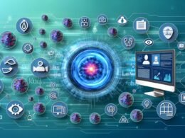 Moderne Illustration eines digitalen Ökosystems mit Dashboard, Content-Streams, API-Verbindungen, Sicherheits- und KI-Symbolen sowie Nutzerbeteiligung.