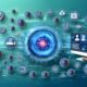 Moderne Illustration eines digitalen Ökosystems mit Dashboard, Content-Streams, API-Verbindungen, Sicherheits- und KI-Symbolen sowie Nutzerbeteiligung.