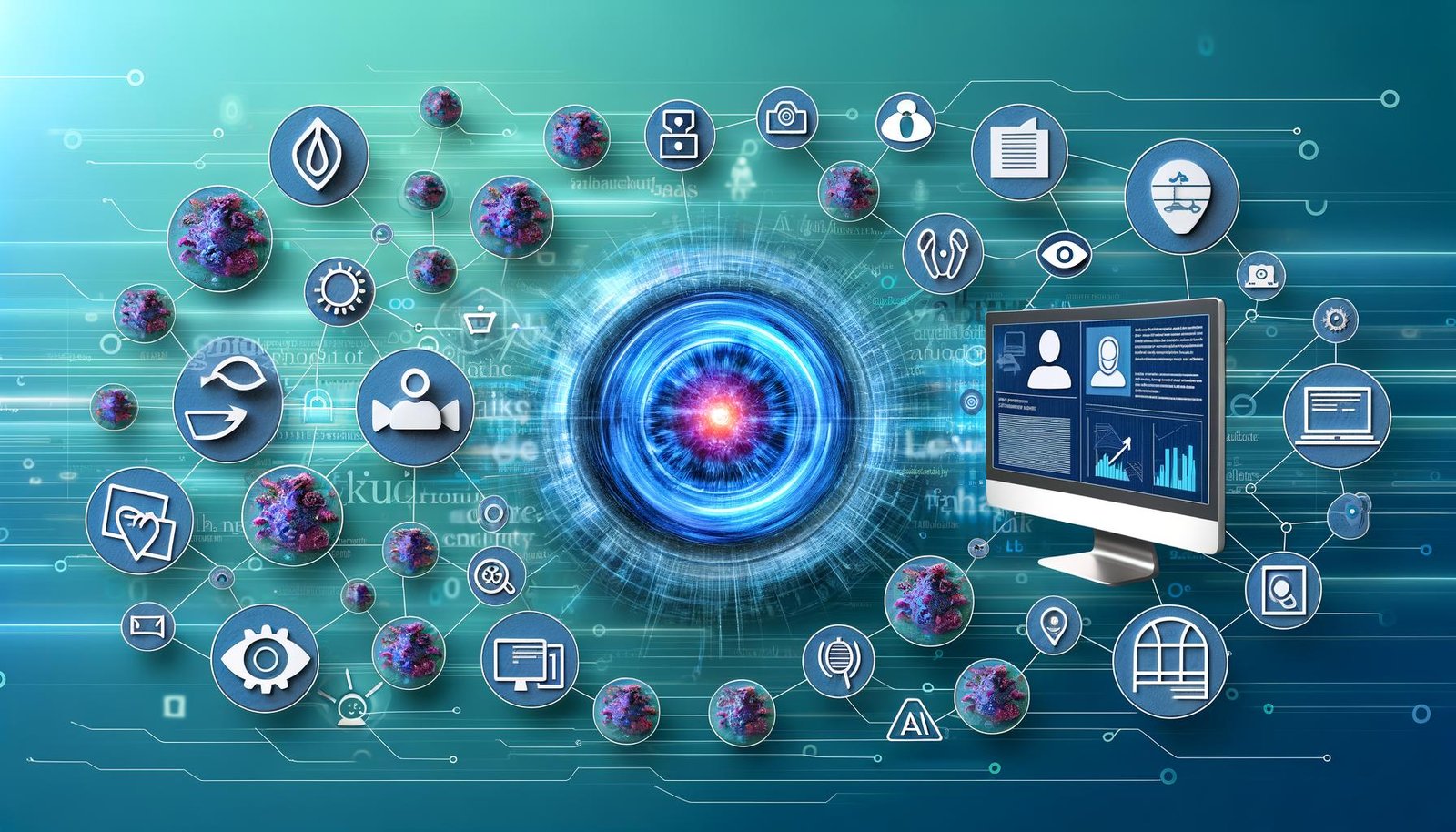 Moderne Illustration eines digitalen Ökosystems mit Dashboard, Content-Streams, API-Verbindungen, Sicherheits- und KI-Symbolen sowie Nutzerbeteiligung.