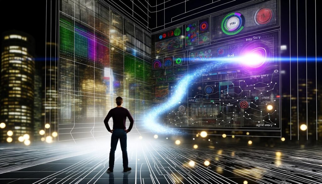 Person blickt ratlos auf ein überdimensionales, leuchtendes Dashboard voller Datenströme, während ein klarer Story-Pfad aus dem Datenchaos herausführt.