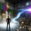 Person blickt ratlos auf ein überdimensionales, leuchtendes Dashboard voller Datenströme, während ein klarer Story-Pfad aus dem Datenchaos herausführt.