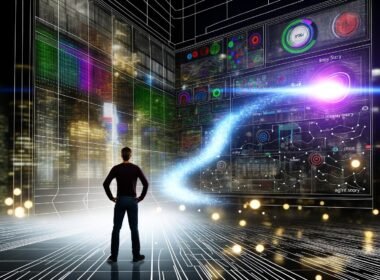Person blickt ratlos auf ein überdimensionales, leuchtendes Dashboard voller Datenströme, während ein klarer Story-Pfad aus dem Datenchaos herausführt.