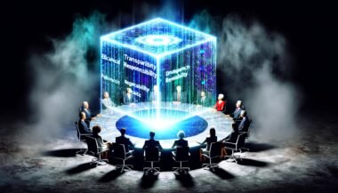 Futuristische Illustration mit Politiker:innen, Tech-Chefs, Ethik-Expert:innen und Datenschützer:innen an einem leuchtenden Tisch mit transparentem Kubus und digitalen Algorithmen, Hologrammen und einem digitalen Auge im Hintergrund.