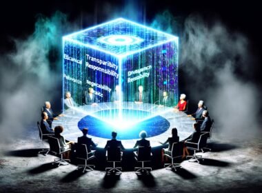 Futuristische Illustration mit Politiker:innen, Tech-Chefs, Ethik-Expert:innen und Datenschützer:innen an einem leuchtenden Tisch mit transparentem Kubus und digitalen Algorithmen, Hologrammen und einem digitalen Auge im Hintergrund.