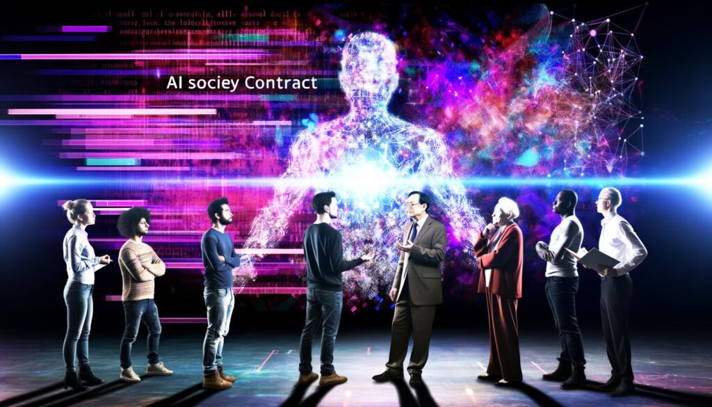 Verschiedene Menschen vor leuchtender digitaler Tafel mit KI-Symbolen und großem Schriftzug „AI Gesellschaftsvertrag“, Atmosphäre zwischen Diskussion und Nachdenklichkeit.