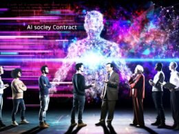 Verschiedene Menschen vor leuchtender digitaler Tafel mit KI-Symbolen und großem Schriftzug „AI Gesellschaftsvertrag“, Atmosphäre zwischen Diskussion und Nachdenklichkeit.