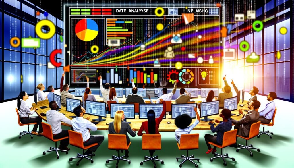 Vibrantes Büro mit verschiedenen Marketern vor leuchtenden Data-Dashboards, großem Bildschirm mit 'Datenanalyse Anwendung' und bunten Datenströmen aus mehreren Quellen.