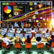 Vibrantes Büro mit verschiedenen Marketern vor leuchtenden Data-Dashboards, großem Bildschirm mit 'Datenanalyse Anwendung' und bunten Datenströmen aus mehreren Quellen.