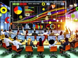 Vibrantes Büro mit verschiedenen Marketern vor leuchtenden Data-Dashboards, großem Bildschirm mit 'Datenanalyse Anwendung' und bunten Datenströmen aus mehreren Quellen.