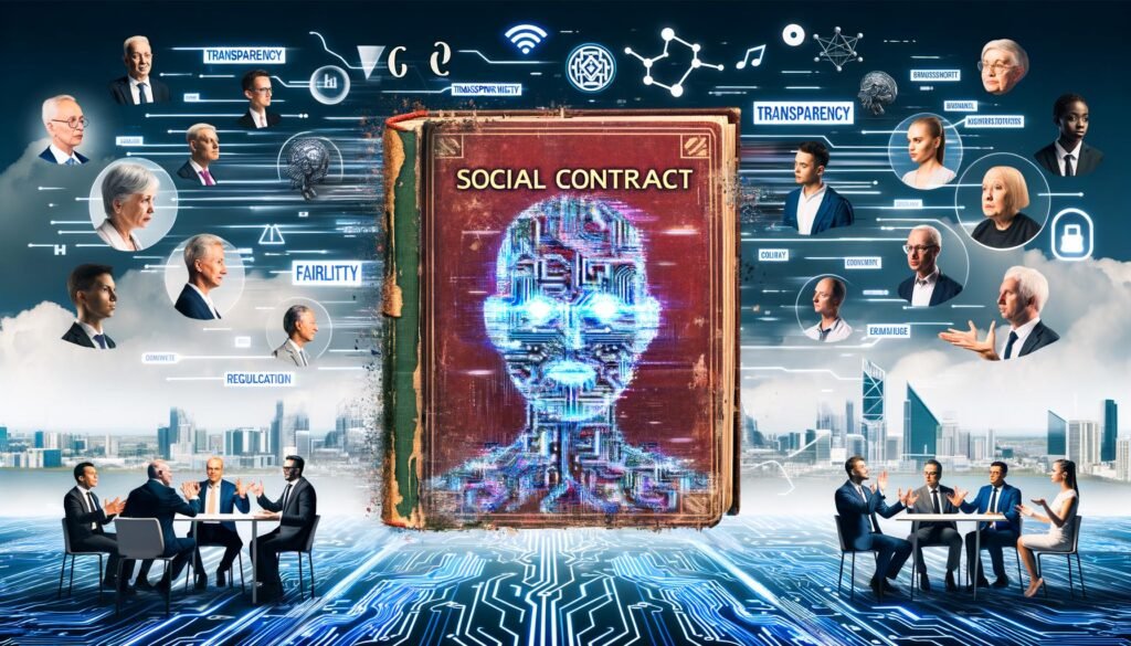 Illustration eines aufgeschlagenen Gesellschaftsvertrags-Buchs mit digitalen KI-Symbolen, debattierende Personen aus verschiedenen Branchen, futuristische Stadt, Datenströme, Warnschilder und Schlagwörter im Hintergrund.