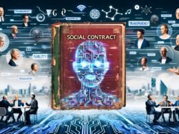 Illustration eines aufgeschlagenen Gesellschaftsvertrags-Buchs mit digitalen KI-Symbolen, debattierende Personen aus verschiedenen Branchen, futuristische Stadt, Datenströme, Warnschilder und Schlagwörter im Hintergrund.