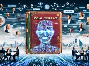Illustration eines aufgeschlagenen Gesellschaftsvertrags-Buchs mit digitalen KI-Symbolen, debattierende Personen aus verschiedenen Branchen, futuristische Stadt, Datenströme, Warnschilder und Schlagwörter im Hintergrund.
