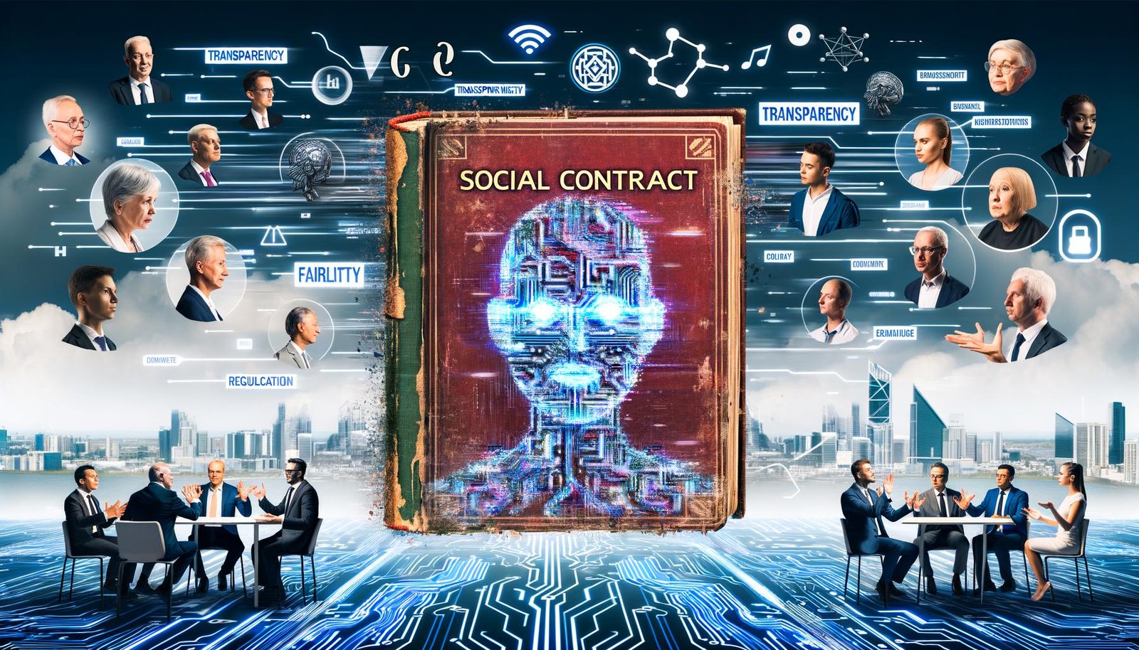 Illustration eines aufgeschlagenen Gesellschaftsvertrags-Buchs mit digitalen KI-Symbolen, debattierende Personen aus verschiedenen Branchen, futuristische Stadt, Datenströme, Warnschilder und Schlagwörter im Hintergrund.