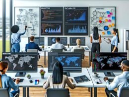 Marketing- und Datenanalyse-Teams arbeiten gemeinsam an Bildschirmen mit Dashboards, Diagrammen, Codezeilen und Datenanalyse-Tools in einem modernen Büro.