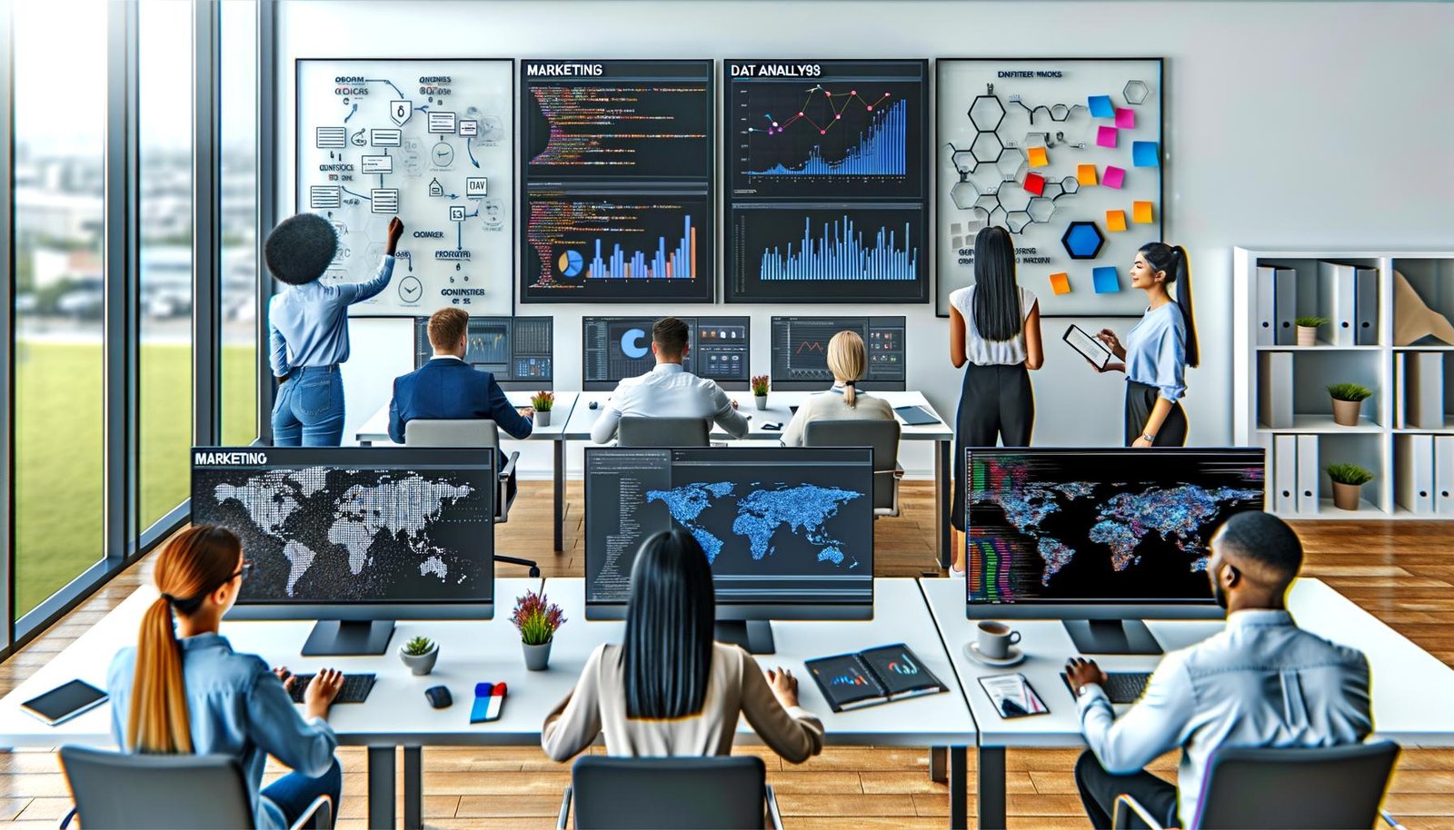 Marketing- und Datenanalyse-Teams arbeiten gemeinsam an Bildschirmen mit Dashboards, Diagrammen, Codezeilen und Datenanalyse-Tools in einem modernen Büro.
