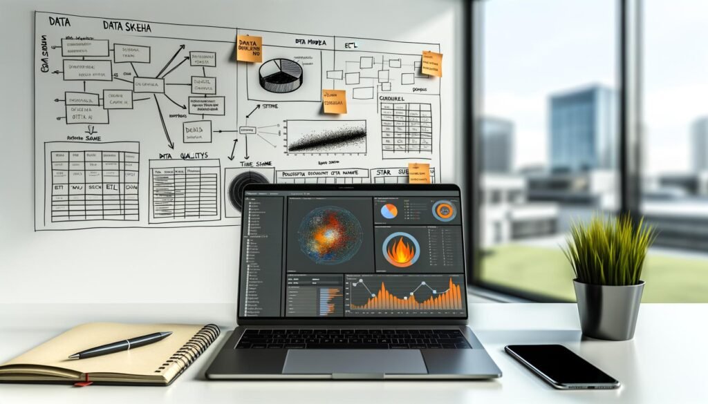Moderner Schreibtisch im Büro mit Laptop, Data Dashboard, Monitor mit Data-Pipeline-Grafik und Whiteboard voller Datenmodell-Skizzen und Post-its.