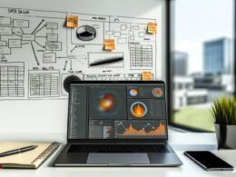 Moderner Schreibtisch im Büro mit Laptop, Data Dashboard, Monitor mit Data-Pipeline-Grafik und Whiteboard voller Datenmodell-Skizzen und Post-its.
