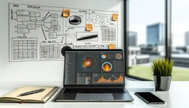 Moderner Schreibtisch im Büro mit Laptop, Data Dashboard, Monitor mit Data-Pipeline-Grafik und Whiteboard voller Datenmodell-Skizzen und Post-its.