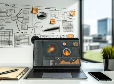 Moderner Schreibtisch im Büro mit Laptop, Data Dashboard, Monitor mit Data-Pipeline-Grafik und Whiteboard voller Datenmodell-Skizzen und Post-its.