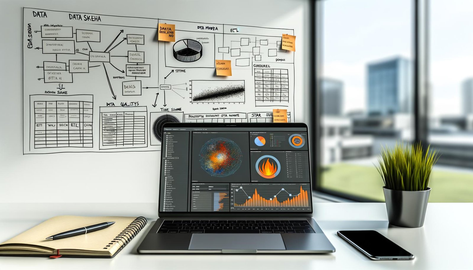 Moderner Schreibtisch im Büro mit Laptop, Data Dashboard, Monitor mit Data-Pipeline-Grafik und Whiteboard voller Datenmodell-Skizzen und Post-its.