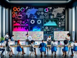 Modernes Marketingbüro mit großen Monitoren, Dashboard-Visualisierungen, Datenanalysen durch ein internationales Team und zahlreichen digitalen Tools.