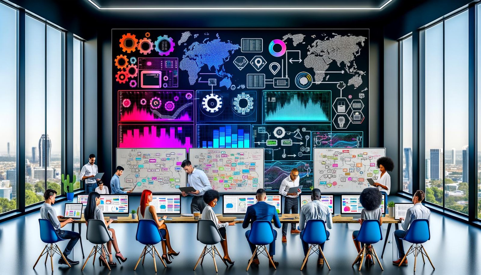 Modernes Marketingbüro mit großen Monitoren, Dashboard-Visualisierungen, Datenanalysen durch ein internationales Team und zahlreichen digitalen Tools.