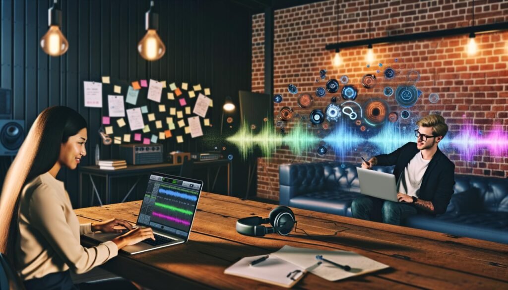 Marketer und Sound Designer arbeiten im modernen Loft-Tonstudio am Laptop mit Descript, umgeben von 3D-Audio-Wellenformen, hochwertigem Equipment und kreativen Notizen.