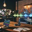 Marketer und Sound Designer arbeiten im modernen Loft-Tonstudio am Laptop mit Descript, umgeben von 3D-Audio-Wellenformen, hochwertigem Equipment und kreativen Notizen.