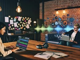 Marketer und Sound Designer arbeiten im modernen Loft-Tonstudio am Laptop mit Descript, umgeben von 3D-Audio-Wellenformen, hochwertigem Equipment und kreativen Notizen.