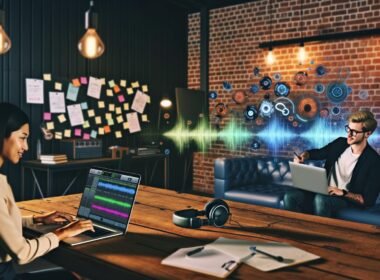 Marketer und Sound Designer arbeiten im modernen Loft-Tonstudio am Laptop mit Descript, umgeben von 3D-Audio-Wellenformen, hochwertigem Equipment und kreativen Notizen.