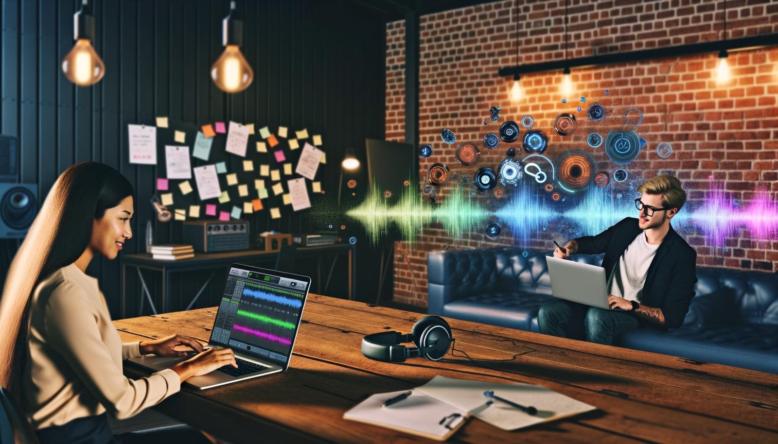 Marketer und Sound Designer arbeiten im modernen Loft-Tonstudio am Laptop mit Descript, umgeben von 3D-Audio-Wellenformen, hochwertigem Equipment und kreativen Notizen.