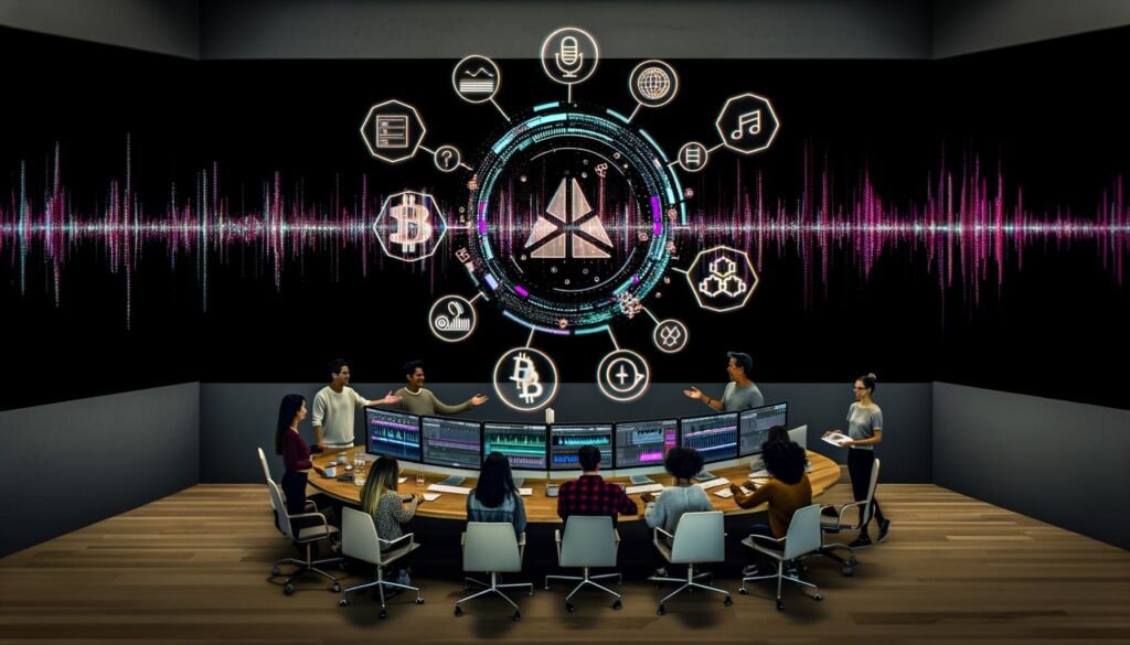Futuristische Szene: Digitale Audio-Workstation, Blockchain- und NFT-Icons, diverse Kreativschaffende mit holografischen Wallets und Smart Contract Codes, Symbole für Ethereum, Polygon, Solana, IPFS und Arweave.