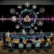 Futuristische Szene: Digitale Audio-Workstation, Blockchain- und NFT-Icons, diverse Kreativschaffende mit holografischen Wallets und Smart Contract Codes, Symbole für Ethereum, Polygon, Solana, IPFS und Arweave.