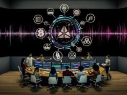 Futuristische Szene: Digitale Audio-Workstation, Blockchain- und NFT-Icons, diverse Kreativschaffende mit holografischen Wallets und Smart Contract Codes, Symbole für Ethereum, Polygon, Solana, IPFS und Arweave.