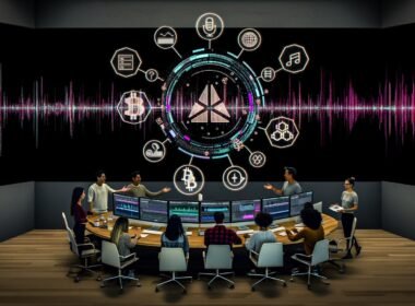 Futuristische Szene: Digitale Audio-Workstation, Blockchain- und NFT-Icons, diverse Kreativschaffende mit holografischen Wallets und Smart Contract Codes, Symbole für Ethereum, Polygon, Solana, IPFS und Arweave.