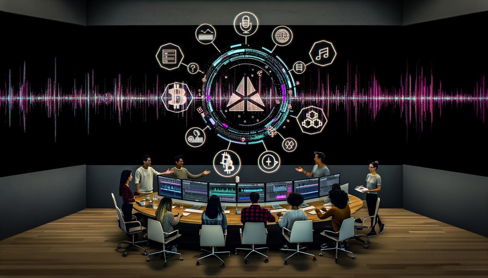 Futuristische Szene: Digitale Audio-Workstation, Blockchain- und NFT-Icons, diverse Kreativschaffende mit holografischen Wallets und Smart Contract Codes, Symbole für Ethereum, Polygon, Solana, IPFS und Arweave.