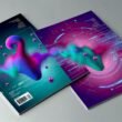Abstraktes Cover mit schwebender Soundwelle in kräftigen Farben, entwickelt aus verflüssigtem Markenlogo vor digitalem, futuristischem Hintergrund