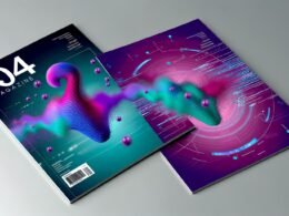 Abstraktes Cover mit schwebender Soundwelle in kräftigen Farben, entwickelt aus verflüssigtem Markenlogo vor digitalem, futuristischem Hintergrund