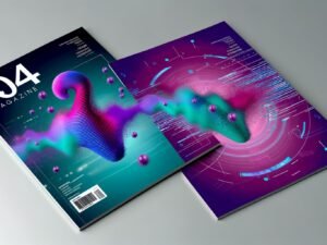 Abstraktes Cover mit schwebender Soundwelle in kräftigen Farben, entwickelt aus verflüssigtem Markenlogo vor digitalem, futuristischem Hintergrund