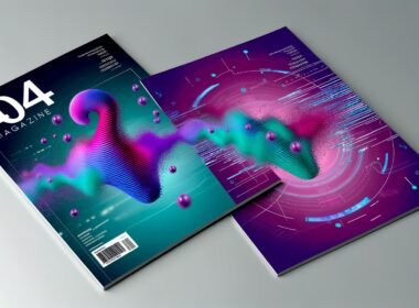 Abstraktes Cover mit schwebender Soundwelle in kräftigen Farben, entwickelt aus verflüssigtem Markenlogo vor digitalem, futuristischem Hintergrund