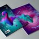 Abstraktes Cover mit schwebender Soundwelle in kräftigen Farben, entwickelt aus verflüssigtem Markenlogo vor digitalem, futuristischem Hintergrund