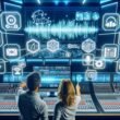 Marketer und Sound-Künstlerin analysieren Audio-Wellenformen in einem modernen Tonstudio mit LED-Displays, Akustikpaneelen und Hightech-Geräten.