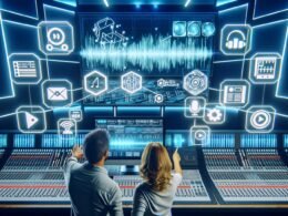 Marketer und Sound-Künstlerin analysieren Audio-Wellenformen in einem modernen Tonstudio mit LED-Displays, Akustikpaneelen und Hightech-Geräten.