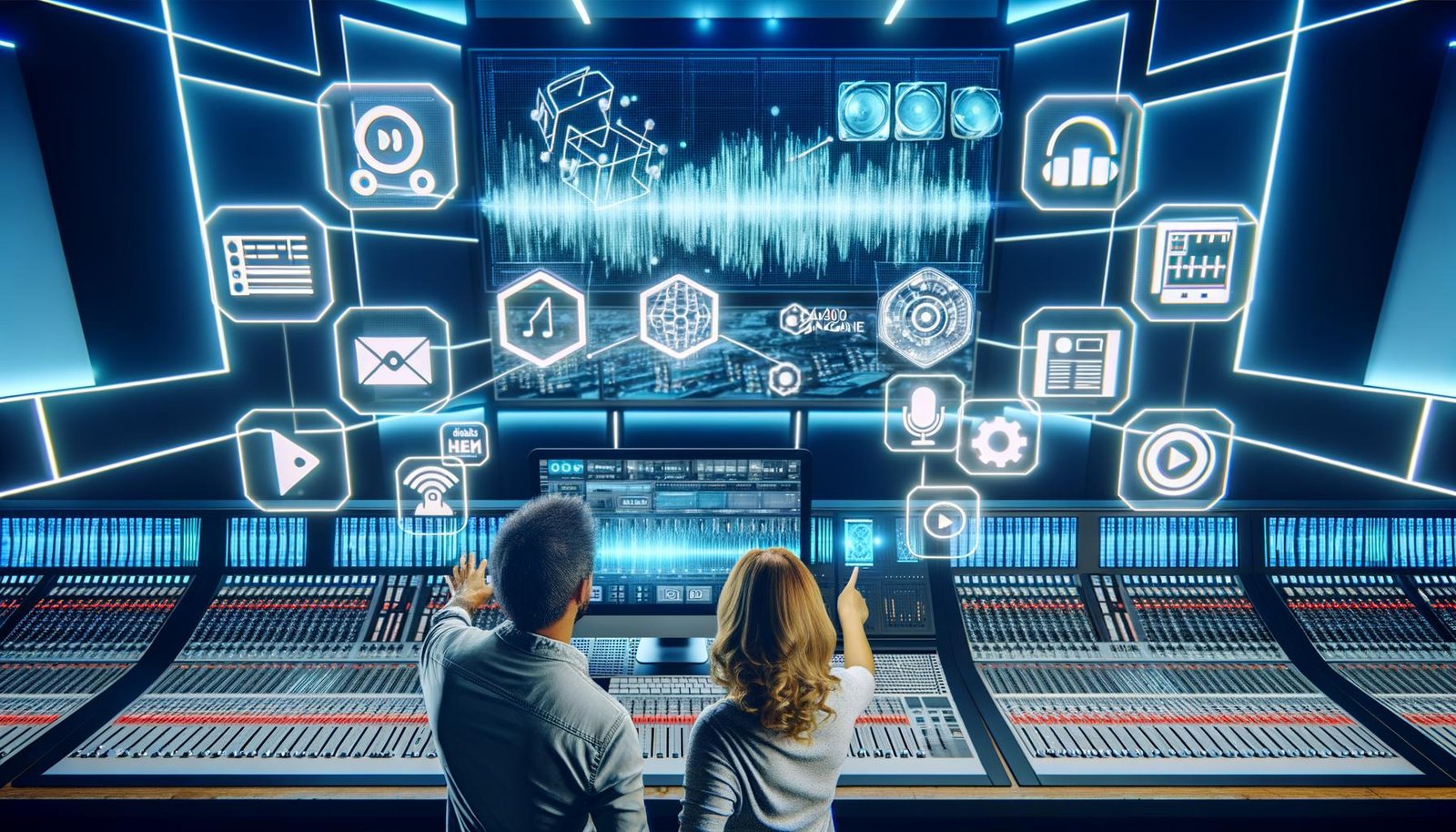 Marketer und Sound-Künstlerin analysieren Audio-Wellenformen in einem modernen Tonstudio mit LED-Displays, Akustikpaneelen und Hightech-Geräten.