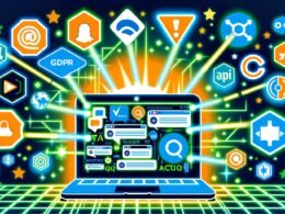 Farbiges Titelbild mit Laptop und User Generated Content-Formaten sowie Tool-Logos wie Disqus, Trustpilot, Bazaarvoice, Walls.io. Grafische Symbole visualisieren DSGVO, KI-Moderation und Spam-Prävention.