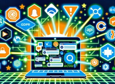 Farbiges Titelbild mit Laptop und User Generated Content-Formaten sowie Tool-Logos wie Disqus, Trustpilot, Bazaarvoice, Walls.io. Grafische Symbole visualisieren DSGVO, KI-Moderation und Spam-Prävention.