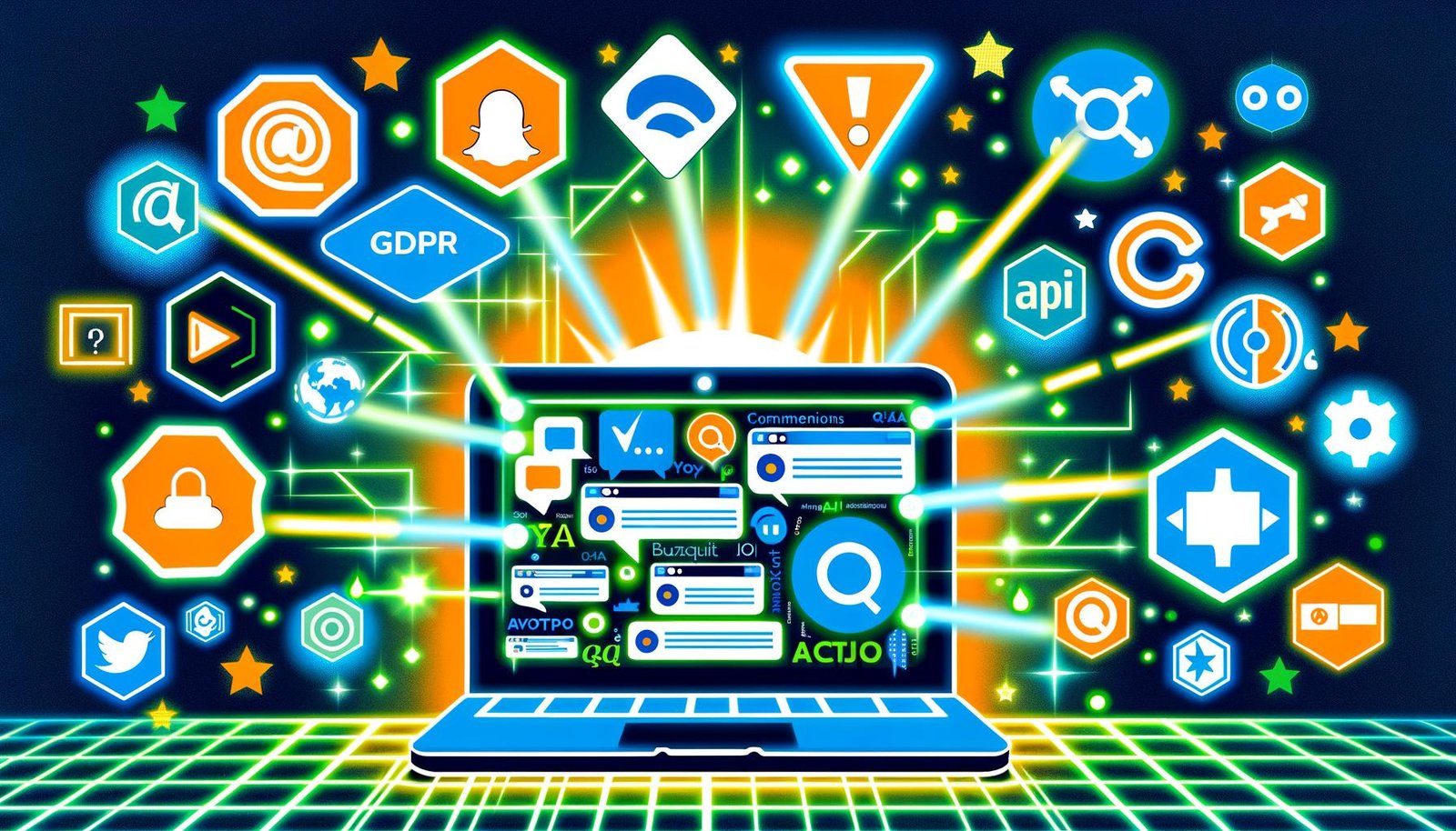 Farbiges Titelbild mit Laptop und User Generated Content-Formaten sowie Tool-Logos wie Disqus, Trustpilot, Bazaarvoice, Walls.io. Grafische Symbole visualisieren DSGVO, KI-Moderation und Spam-Prävention.