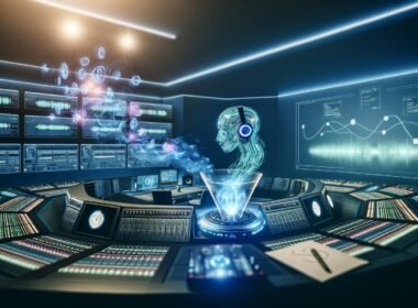 Futuristischer Kontrollraum mit KI-Wesen am Mischpult, umgeben von holografischen Grafiken, Computerbildschirmen und menschlicher Beobachtung im Hintergrund