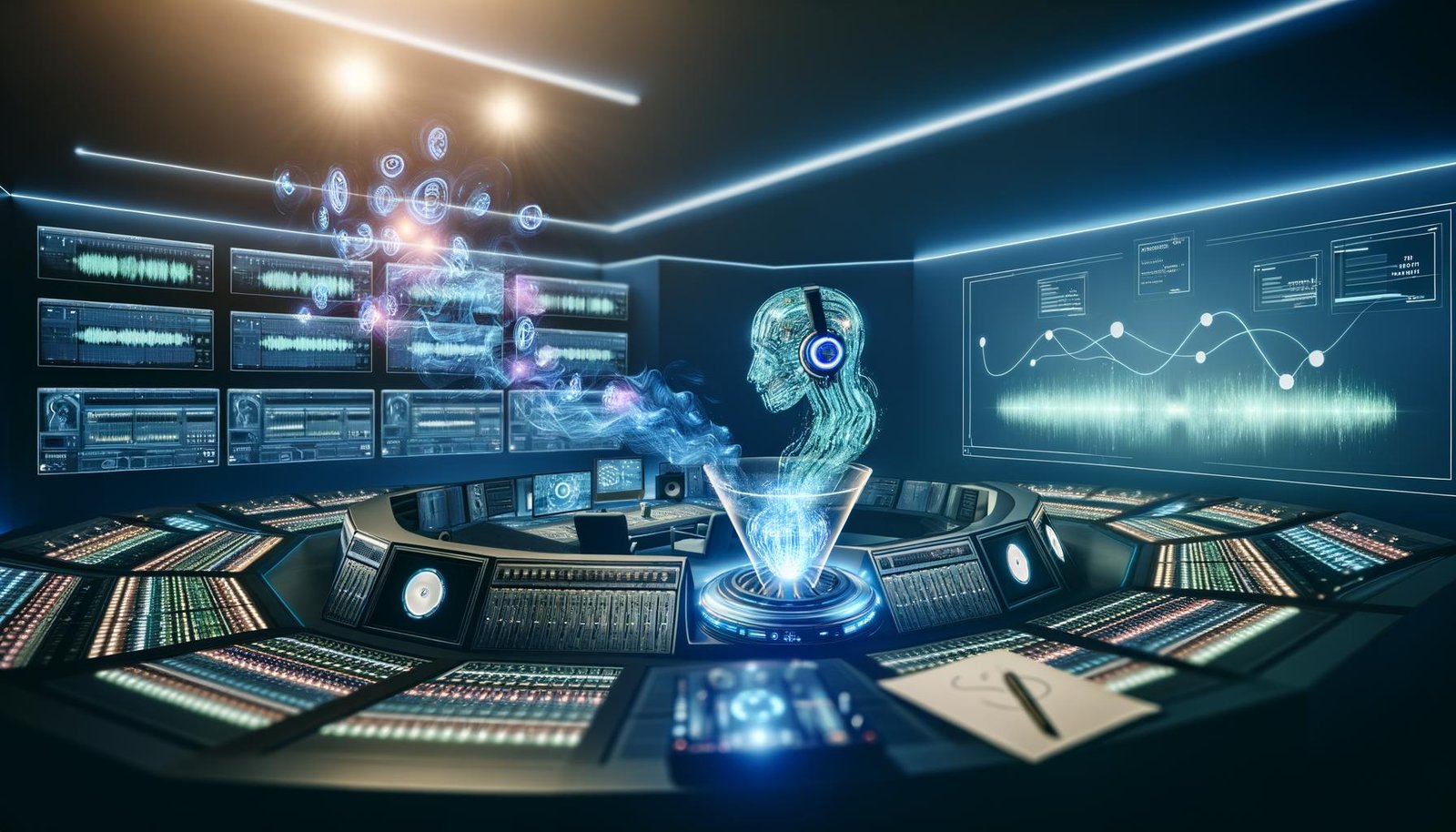 Futuristischer Kontrollraum mit KI-Wesen am Mischpult, umgeben von holografischen Grafiken, Computerbildschirmen und menschlicher Beobachtung im Hintergrund