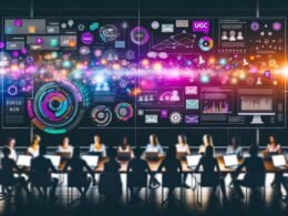 Dynamisches Headerbild mit modernen Datenvisualisierungen, Marketer und Developer an Laptops, Social-Media-Icons und UGC-Schlagworten